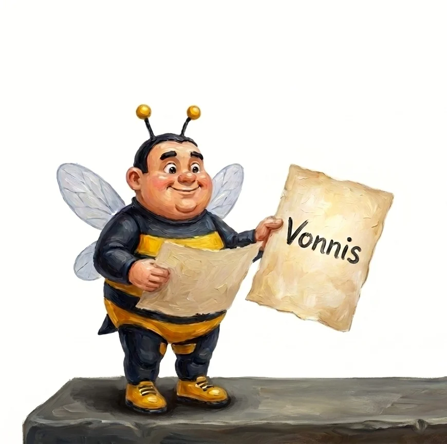 Geschilderde illustratie van een bij die een vonnis omhooghoudt