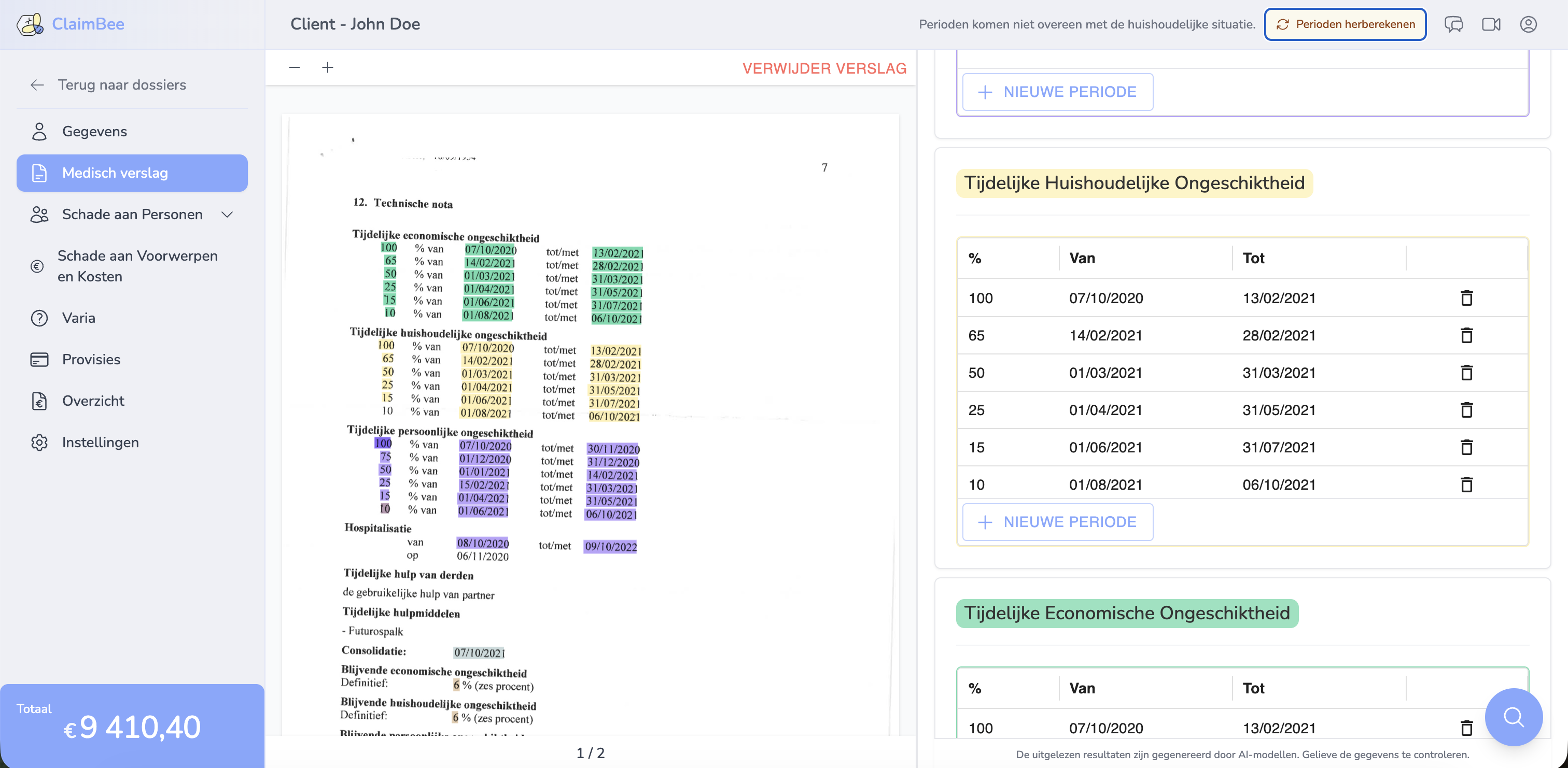 ClaimBee Document AI — automatische extractie uit een medisch verslag